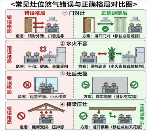 一張廚房風水對比圖,詳細展示了「門對灶」、「水火不容」、「灶後無靠」與「橫樑壓灶」四種錯誤格局的危害,並提供相應的正確調整方案(如設遮擋、放植物、靠實牆、加天花板)。