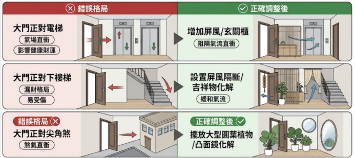一張大門風水格局對比圖,詳細列出「大門正對電梯」、「大門正對下樓梯」與「大門正對尖角煞」三種錯誤格局的危害,並對應提供增設屏風、玄關櫃、圓葉植物或凸面鏡等正確調整方案。