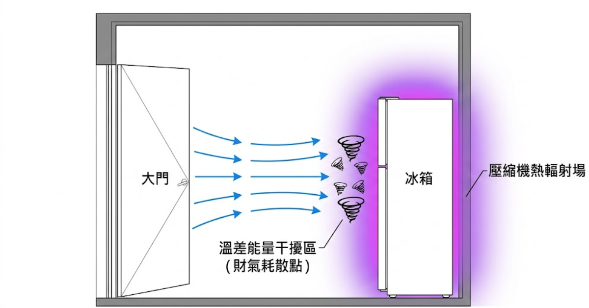 一張風水勘測剖面圖,展示大門進入的藍色氣流直衝冰箱,因冰箱後方的紫色「壓縮機熱輻射場」產生溫差,在交界處形成多個旋渦狀的「溫差能量干擾區(財氣耗散點)」。