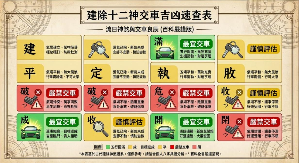 一張建除十二神交車吉凶速查表,透過紅、黃、綠三色視覺化區分農民曆流日,標示出「滿、成、開」為最宜交車吉日,並警告「破、危、閉」為嚴禁交車的凶日。