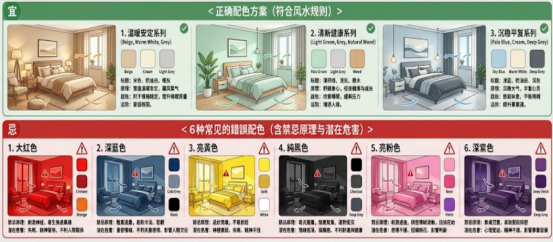 一張臥室風水配色對照圖,上半部列出三款符合風水規則的正確配色方案(溫暖安定、清新健康、沉穩平靜),下半部標示大紅、深藍、亮黃、純黑、亮粉與深紫六種常見錯誤臥室配色及其潛在理氣危害。