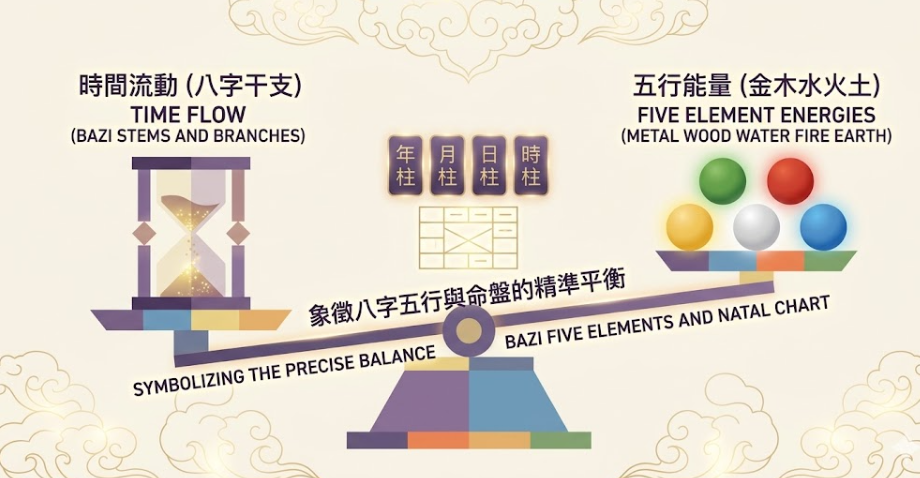 這張專業圖解詳細展示了「易算數」品牌關於2026新生兒取名的核心底層邏輯：八字五行與命盤的精準平衡。 視覺架構：畫面中心為一座天平，象徵命盤能量的調和。 左側元素：紫色沙漏圖示代表「時間流動（八字干支）」，強調個人先天的時空參數。 右側元素：五色能量球（綠、紅、黃、銀、藍）代表「五行能量（金木水火土）」，顯示後天補足的重要性。 核心應用：此平衡模型旨在協助父母在進行女嬰命名或挑選嬰兒名字時，能依據年、月、日、時柱的能量盈缺，科學化鎖定取名字最佳筆劃，達成先天命理與後天命名的精準對接。