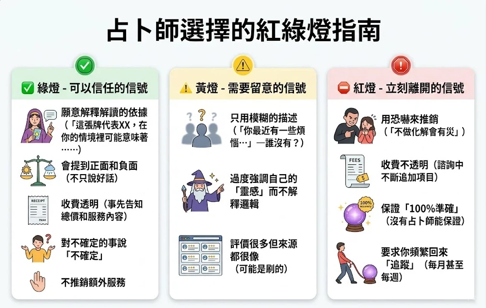 占卜師與文化是一套將諮詢市場行為轉化為風險控制與信任指標的專業評估系統。本圖表嚴謹展示綠燈(高信任信號)、黃燈(需留意信號)與紅燈(高風險信號)之分流路徑。以生命數據科學視角徹底破除迷信渲染,為您建立精確的交付適配標準,提供最具邏輯依據的占卜師與文化導航模型。