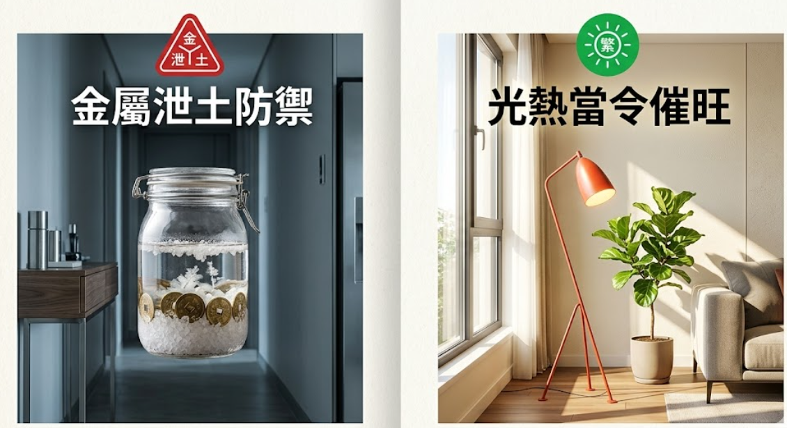 一張風水佈局的對比圖。左側為「金屬洩土防禦」,展示一個裝有水、粗鹽和銅錢的玻璃密封罐;右側為「光熱當令催旺」,展示一個充滿陽光、擺放著紅色落地燈與綠色盆栽的明亮客廳。