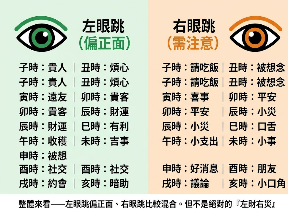 眼皮跳占卜是一套將身體偶發肌肉擾動轉化為時空預警變數的民俗信號系統。本圖表嚴謹展示左眼與右眼在十二時辰下的正負向數據分流路徑。以生命數據科學視角徹底破除極端宿命渲染,為您建立精確的特質評估標準,提供最具邏輯依據的眼皮跳占卜查詢輔助模型。