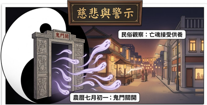 一張探討鬼月總論與日期的民俗插圖,畫面以「慈悲與警示」為題,展示農曆七月初一鬼門開的意象,以及夜晚街道上亡魂接受民間供養的普渡場景。