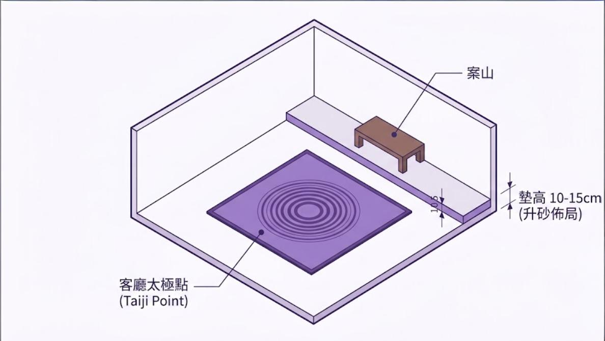 一張客廳風水 3D 透視圖,展示空間中心的客廳太極點,以及在前方將地面墊高 10-15 公分以形成「案山」的升砂佈局。