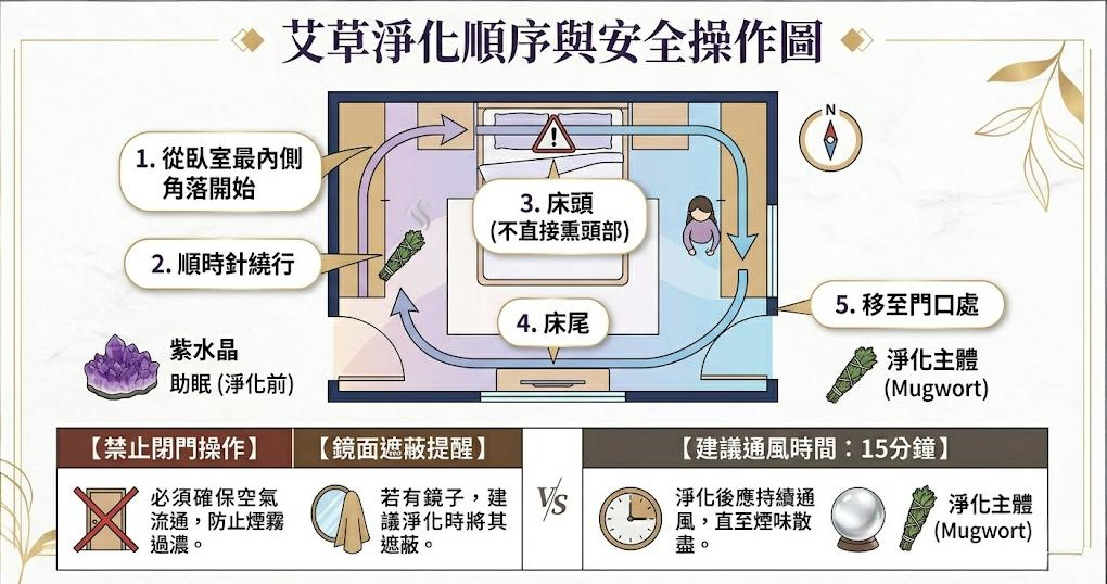 一張臥室艾草淨化順序與安全操作圖,展示從房間最內側角落開始順時針繞行至門口的五大淨化步驟,並下方標註禁止閉門操作、鏡面遮蔽與通風15分鐘等三大安全提醒。