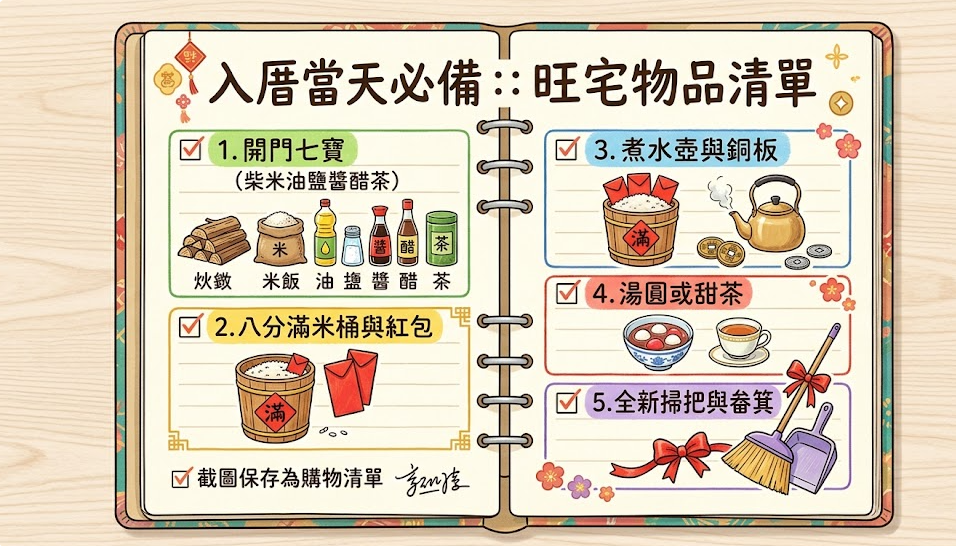 一張入厝當天必備的旺宅物品清單手繪圖解,列出開門七寶、八分滿米桶、煮水壺與銅板、湯圓或甜茶,以及全新掃把與畚箕等五大開運準備物品。