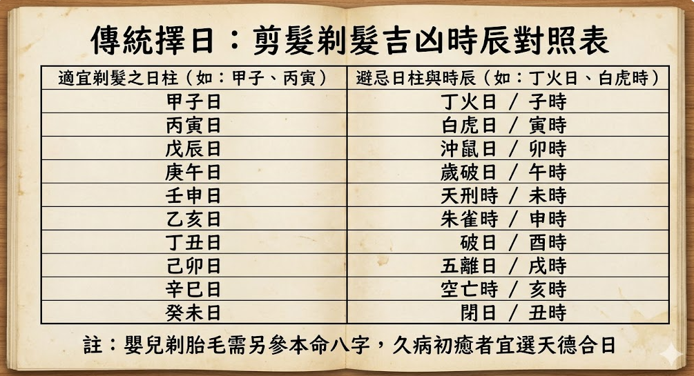 一張傳統擇日剪髮剃髮吉凶時辰對照表,詳細列出甲子日等適宜剃髮的吉日,以及需避忌的丁火日、歲破日與空亡時等凶日凶時。