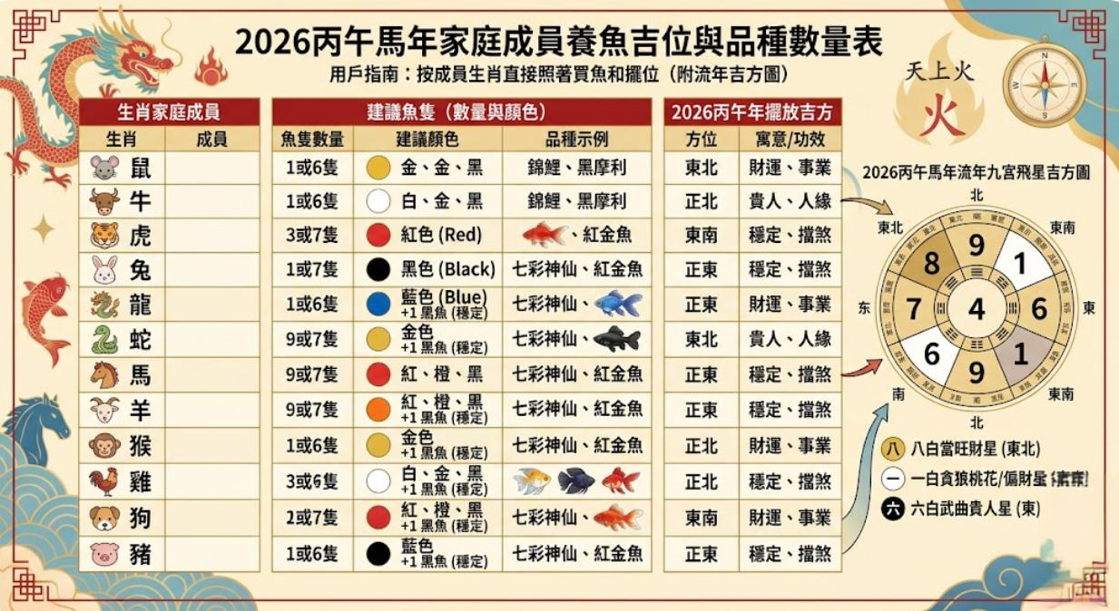一張 2026 丙午馬年養魚風水對照表,列出十二生肖對應的建議魚隻數量、顏色(如金、紅、黑、藍)、品種示例及流年擺放吉方(東北、正北、正東、東南),並附有流年九宮飛星吉方圖。