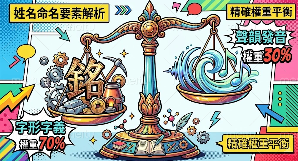 一張解析個人名字測算權重分配的視覺圖表,透過中央的天平,直觀對比了命名要素中「字形字義」佔據 70% 權重,與「聲韻發音」佔據 30% 權重的精確平衡關係。