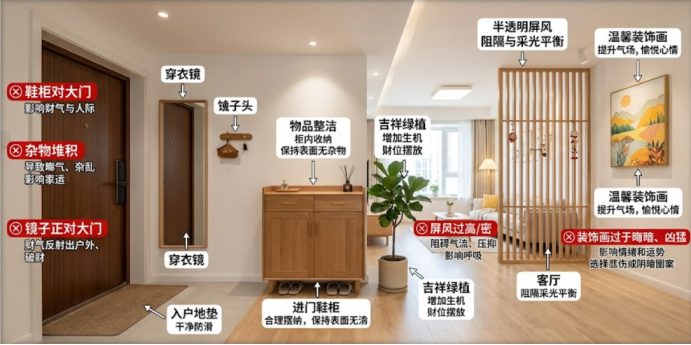 一張實景玄關與客廳標註圖,透過紅色標籤展示「鏡子正對大門」、「鞋櫃對大門」等風水禁忌,並以白色標籤建議「半透明屏風」、「吉祥綠植」等正確的藏風聚氣佈局。