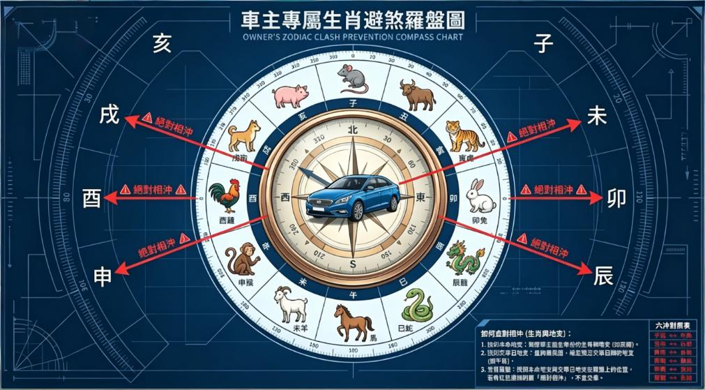 一張車主專屬生肖避煞羅盤圖,以中央藍色汽車為核心,展示十二地支與生肖的對位,並用紅色箭頭標示出如「酉雞與卯兔」、「申猴與寅虎」等絕對相沖的交車擇日禁忌。