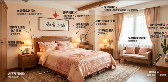 一張臥室風水實景標註圖,展示床頭櫃成對、和合二仙掛畫等增進感情的正確佈局,同時以紅色叉號標示出床頭壓樑、鏡子對床、帶刺植物與雜物堆積等需嚴格避免的形煞禁忌。