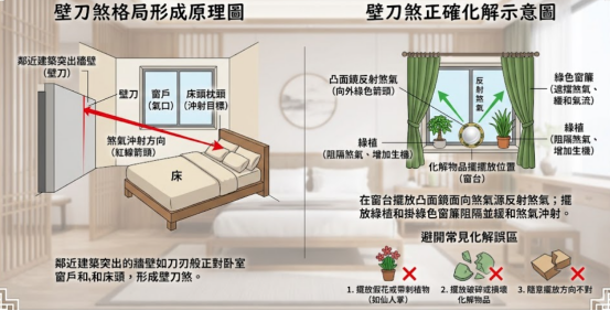 一張臥室壁刀煞風水圖解,左側展示建築外牆邊緣直沖床頭的紅色煞氣路徑,右側示範在窗台擺放凸面鏡反射煞氣,搭配綠色植物與窗簾的正確化煞實務佈局。