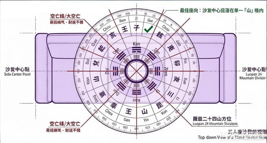 一張三人座沙發風水平面俯視圖,疊加羅盤二十四山方位,標示沙發中心點應精準落在單一「山」格內,並強烈警告必須避開易招病氣與漏財的空亡線。