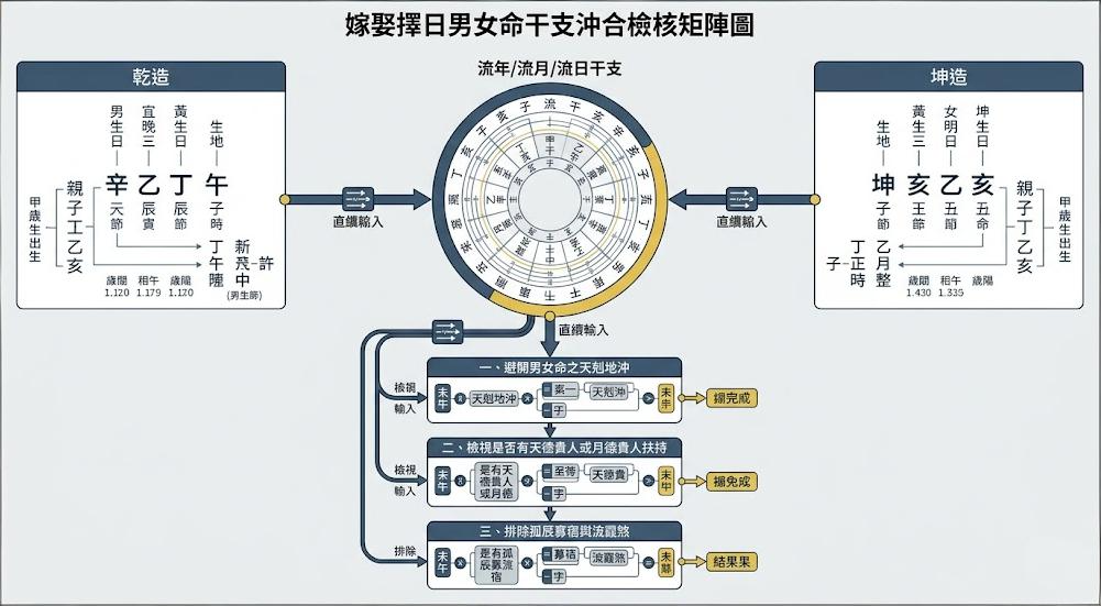 一張嫁娶擇日男女命干支沖合檢核矩陣圖,展示將乾造(男命)與坤造(女命)八字結構輸入,比對流年流月干支,並透過避開天剋地沖、尋找貴人扶持與排除孤辰寡宿等三階段標準篩選流程。