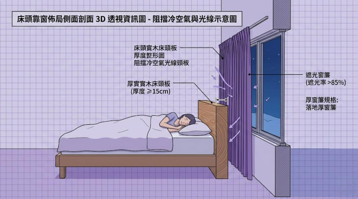 一張臥室床頭靠窗佈局的 3D 透視剖面圖,展示如何利用厚度達 15cm 以上的實木床頭板與遮光率大於 85% 的厚窗簾,有效阻隔冷空氣與光線對睡眠氣場的干擾。