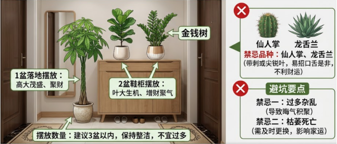 一張玄關植物風水佈置圖,建議擺放 3 盆以內的大葉聚財植物(如金錢樹),並以紅叉標示嚴禁擺放仙人掌等帶刺品種,以及必須避免植物枯萎與過度雜亂。