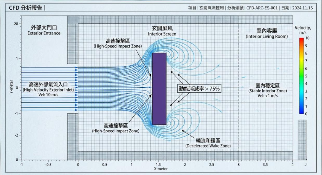 一張 CFD 氣流分析報告圖,展示時速 10 m/s 的高速外部氣流進入玄關後,如何透過紫色玄關屏風的阻擋與繞流,達成 75% 以上的動能消減,並在室內客廳形成流速小於 1 m/s 的穩定納氣區。