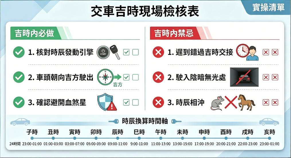 一張交車吉時現場實操檢核表,左側列出核對時辰發動引擎、車頭朝向吉方駛出等三項必做儀軌,右側標示遲到錯過吉時、駛入陰暗處等三項禁忌,底部附帶十二地支與 24 小時制的時辰換算時間軸。