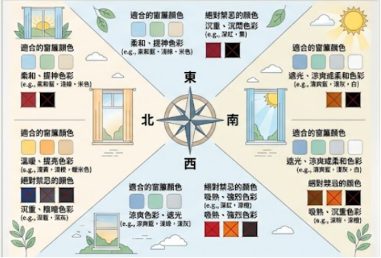 一張陽宅方位窗簾配色指南圖,以中央指南針區分東、南、西、北四個窗戶朝向,詳細列出各方位適合的開運窗簾顏色與必須避開的禁忌色彩。