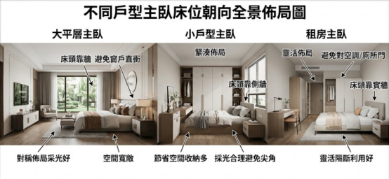 一張不同戶型主臥床位朝向全景佈局圖,分別展示大平層、小戶型與租房空間中,床頭靠實牆、避免窗戶直衝與避開廁所門等實務風水擺放原則。