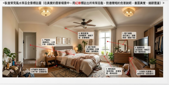 一張臥室風水實境標註圖,利用紅線詳細指出床頭靠窗、門沖煞、鏡子對床、橫樑壓頂、雜物過多、螢幕對床與尖角煞等七大常見床位擺放禁忌及其潛在危害。