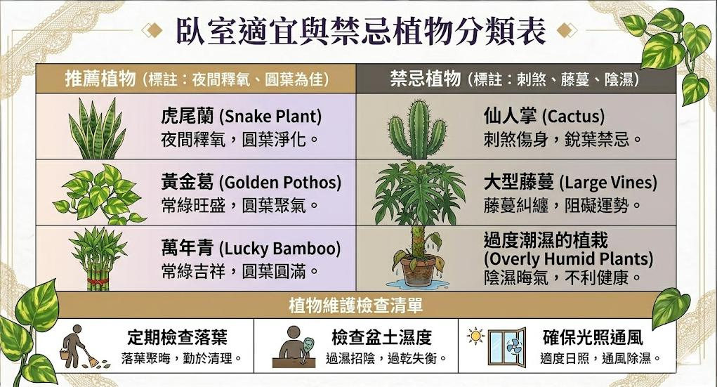 這張臥室植物風水圖表對比了推薦的圓葉聚氣植栽(如虎尾蘭、黃金葛)與需避開的刺煞、藤蔓類禁忌植物,並於底部附有包含清理落葉、控濕與通風的日常植栽維護清單。