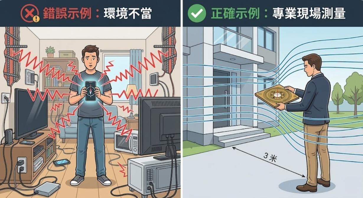 一張說明羅盤測量環境的對比圖。左側顯示在充滿電子產品的室內使用手機羅盤是錯誤的示範(易受電磁干擾);右側顯示在室外距離建築物3米處使用專業風水羅盤是正確的測量方式。