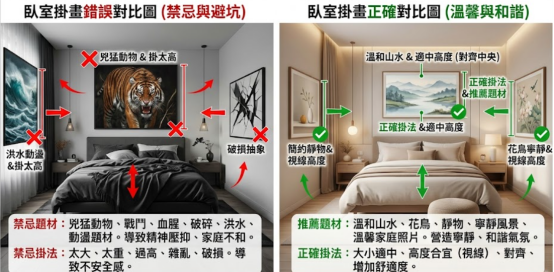 一張臥室風水掛畫對比圖。左側以紅色標示猛獸、洪水等錯誤題材與掛太高的風水禁忌;右側以綠色標示溫和山水、花鳥等正確題材與適中高度的和諧佈局。