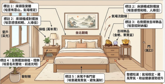 一張臥室床位擺放風水圖解,展示坐北朝南格局下,床頭靠實牆、床頭櫃成對擺放與床尾不衝門窗等五大氣場穩定佈局標準。