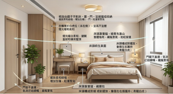 一張臥室風水實景標註圖,透過氣流引導線詳細展示床頭靠實牆、床頭櫃成對擺放、門窗不直通以及梳妝台鏡面避煞等藏風聚氣的標準理氣佈局。