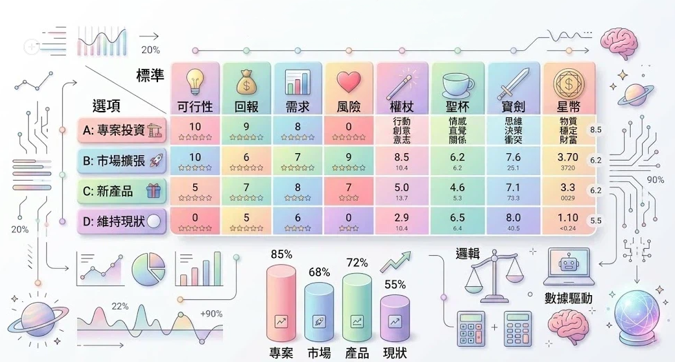这是一张数据分析图表,它将塔罗小牌牌義解讀(权杖、圣杯、宝剑、星币)转化为数字化的评价标准,通过彩色表格对“专案投资”与“市场扩张”等选项进行可行性、回报和风险的量化评估,并辅以柱状图、趋势线及逻辑演算符号,展示了如何将直觉语义与数据驱动的决策逻辑相结合。