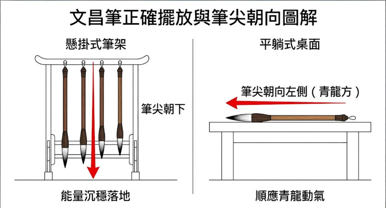 一張「文昌筆正確擺放與筆尖朝向圖解」,對比展示兩種常見的風水佈局:左側為懸掛式筆架,指示筆尖應垂直朝下以讓「能量沉穩落地」;右側為平躺式桌面擺放,指示筆尖應朝向左側(青龍方)以「順應青龍動氣」。
