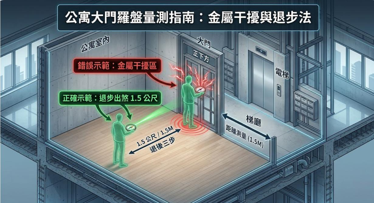 公寓大門羅盤量測是指在現代建築中,為避免鋼筋金屬磁場干擾而採取特定距離的風水方位鑑定技術。本圖解詳細說明在電梯大樓測量時的常見錯誤,並示範如何正確向室內退後三步(約一點五公尺)以避開金屬干擾區,確保獲取最精準的理氣數據,是居家風水佈局不可或缺的指南。