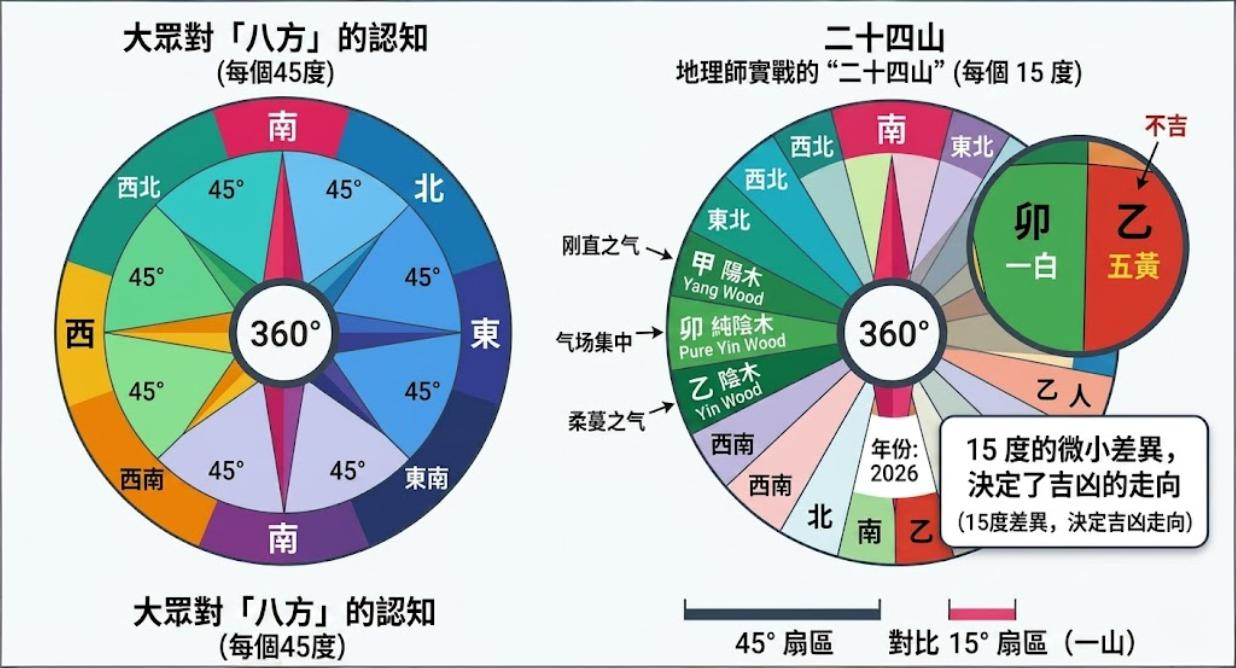 一張對比一般45度「八方」與專業風水15度「二十四山」的資訊圖表。圖中以2026年東方區域為例,強調相鄰的「卯」山與「乙」山雖僅差15度,卻會面臨一白星與五黃星(不吉)的截然不同吉凶結果,突顯精準測量的重要性。