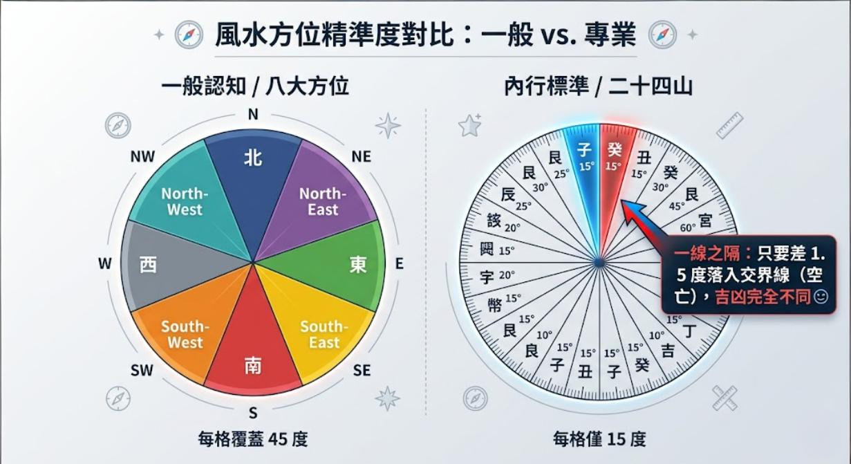 風水方位是決定陽宅吉凶的核心基礎。本圖解為您詳細對比一般四十五度的八大方位,與專業十五度二十四山羅盤的精準度差異。專業風水勘驗測量極為嚴謹,圖中特別為您標示出一線之隔的嚴重性:只要測量誤差一點五度而落入交界線的空亡區間,該陽宅的吉凶判定將會完全不同。