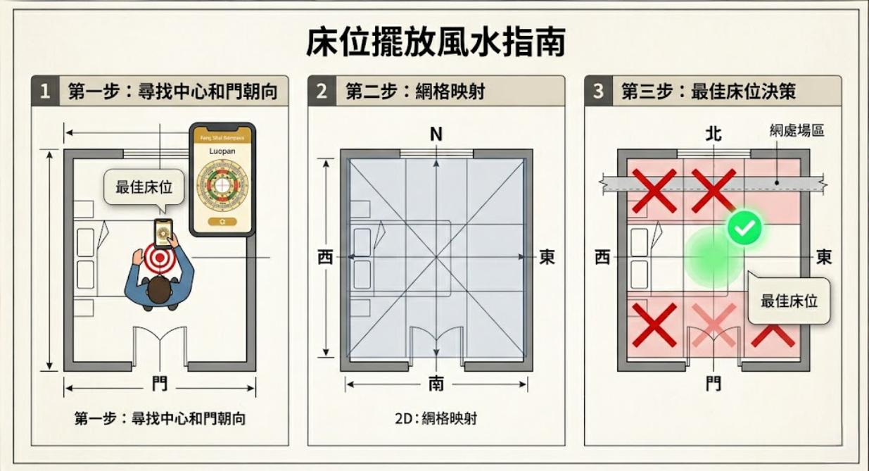 一張「床位擺放風水指南」三步驟圖解,展示如何透過在房間中心測量方位、將平面圖劃分九宮格,並避開門窗沖煞區域(紅叉標示),來精準選出最佳床位(綠勾標示)。