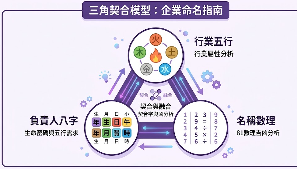 一張以柔和紫為主色調的公司/店名測算分析圖,展示企業命名的「三角契合模型」,詳細圖解負責人八字、行業五行與名稱數理三大數據維度的動態交集與融合。