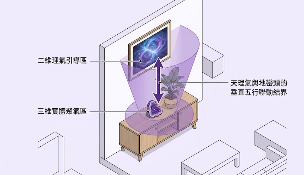 一張立體透視的客廳風水圖解,展示牆面掛畫與電視櫃上的紫水晶、植栽,如何透過上下呼應構築出「天理氣與地巒頭的垂直五行聯動結界」。