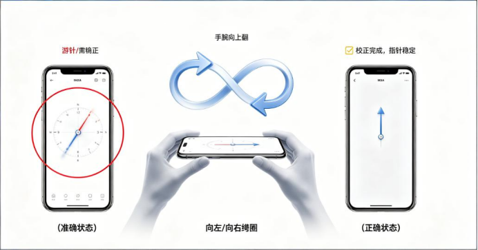 手機羅盤校正是指透過8字型手勢重置手機感測器以確保方位準確的技術。本圖解示範當遇到指針游移時,將手機平放並以手腕翻轉向左右繞圈畫八,即可完成校正使指針穩定。這是進行陽宅風水理氣測量前必備的前置作業,能有效消除磁場干擾避免誤差,為二零二六流年佈局打底。