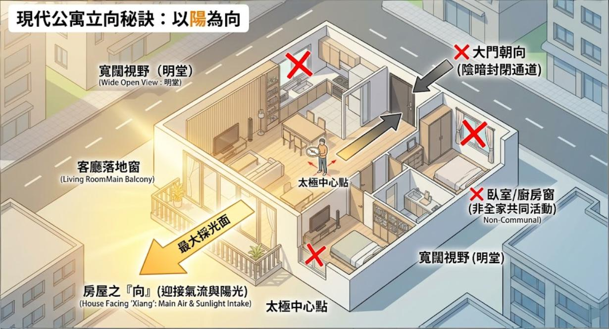 一張現代公寓的俯視剖面教學圖,說明風水「立向」應以「陽」為準。圖中以大大的黃色箭頭標示,擁有客廳落地窗和寬闊視野(明堂)的最大採光面,才是迎接氣流與陽光的房屋之「向」;而大門、臥室或廚房窗戶則被標記紅色叉號,表示其非立向的首要依據。