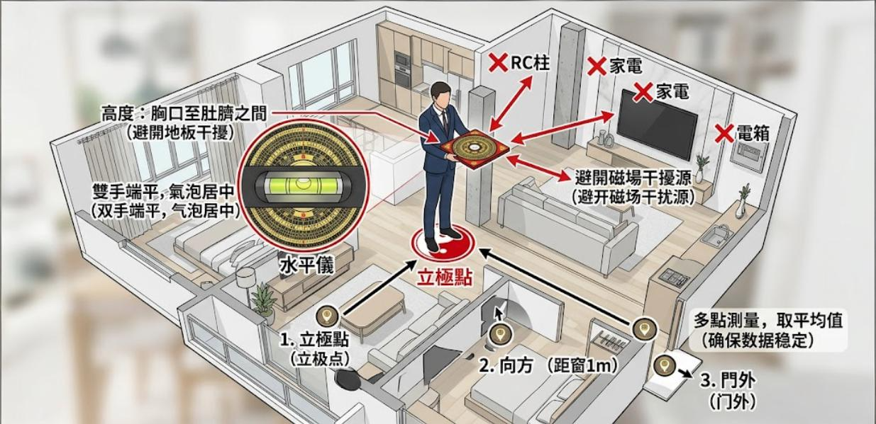 一張室內風水測量教學圖。展示一名專業人士在公寓中心「立極點」使用羅盤,圖中詳細標註了持盤姿勢、高度要求,以及需避開的 RC 柱、家電與電箱等磁場干擾源,並建議進行多點測量以確保數據準確。
