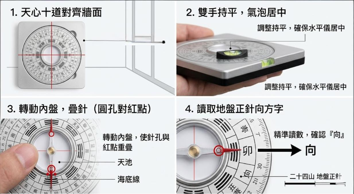 一張分為四個步驟的風水羅盤教學圖。展示了從天心十道對齊牆面、調整水平氣泡、轉動內盤疊針到最終讀取二十四山地盤正針向方的完整流程。