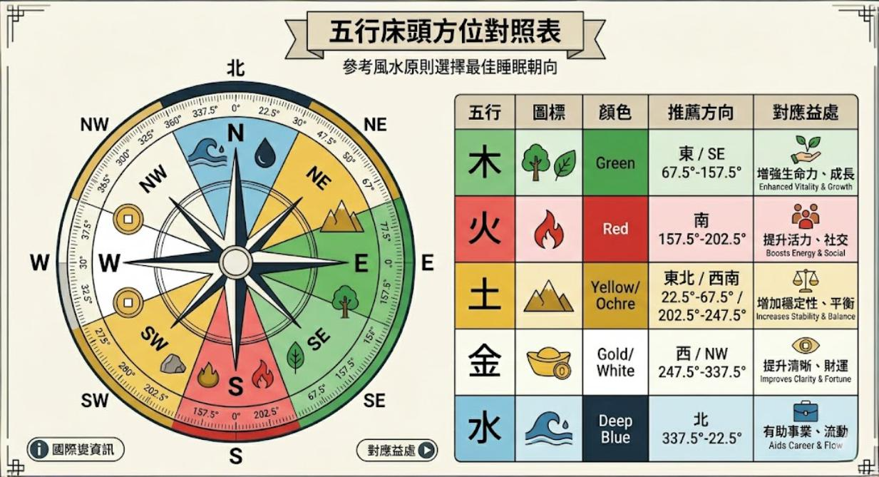 一張結合彩色方位羅盤與表格的風水指南圖,直觀列出木、火、土、金、水五行所對應的最佳床頭朝向度數、代表顏色以及提升運勢的具體益處。