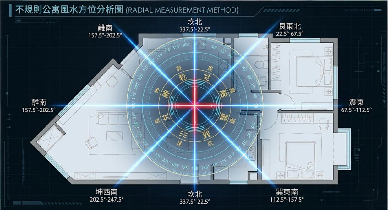 這是一張帶有深藍色科技感背景的「不規則公寓風水方位分析圖 。圖中主體是一張俯視的公寓平面圖,其左側牆面呈明顯的傾斜角,屬於不規則格局,圖內繪有客廳、臥室與廚衛等家具配置。平面圖正中央疊加了一個發光的同心圓羅盤圖騰,中心點以紅色十字標記。八條明亮的藍色光線從中心點向外放射,將整個公寓空間等分為八個扇形區域。羅盤圈內與放射線末端,分別標註了對應的八卦方位與角度範圍(例如:坎北 337.5°-22.5°、艮東北 22.5°-67.5°、震東 67.5°-112.5° 等),直觀地展示了如何以放射測量法為不規則房屋定出風水方位。