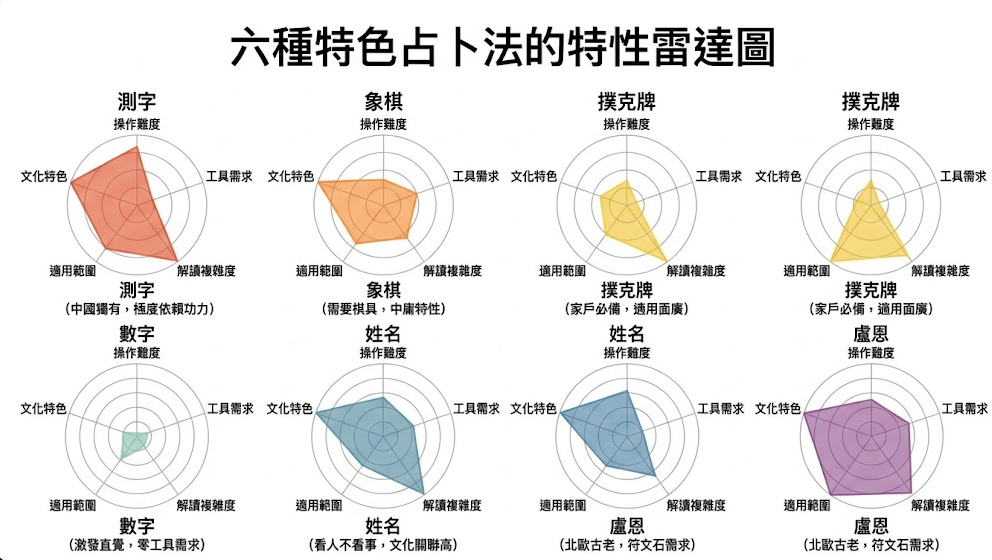 特色占卜方式是一套將多元民俗符號轉化為多維度效能指標的隨機採樣評估系統。本圖表嚴謹展示六種工具在操作難度、解讀複雜度等維度的量化雷達網格。以生命數據科學視角徹底破除混淆盲區,為您建立精確的適配標準,提供最具邏輯依據的特色占卜方式導航模型。