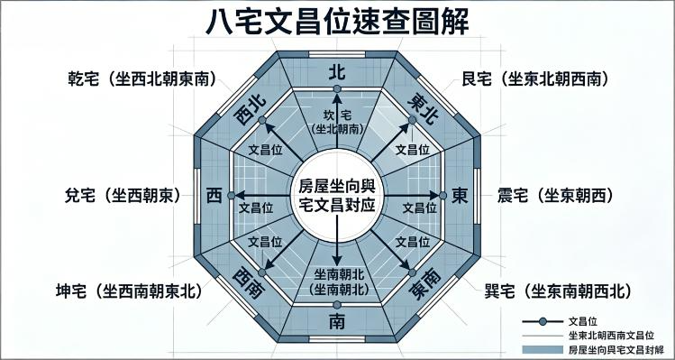一張「八宅文昌位速查圖解」八卦方位圖,以房屋中心為基準,透過箭頭直觀標示出乾、兌、坤、離、巽、震、艮、坎等八種不同房屋坐向(如坐西朝東、坐北朝南等)所專屬對應的文昌位,方便讀者快速查找與佈局。